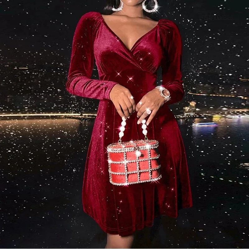 Popular autumn winter long sleeve V-neck velvet Christmas dress fashion sexy dresses women night club