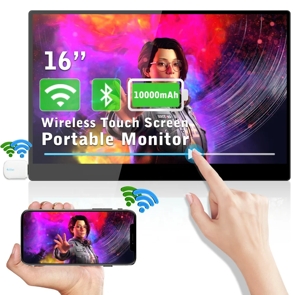 Wireless Touch 16 inch 1080P Monitor IPS Portable 15.6 inch 4K Touchscreen USB LCD Built in Battery Monitor for Laptop Phone