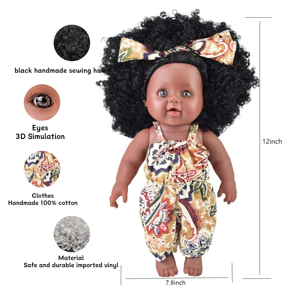 Hot sale 12 inch Black Dolls Baby 30 Cm Tall Real Life Look Vinyl Girl Doll Black Skin Dolls With Afro Hair kinky curly hair