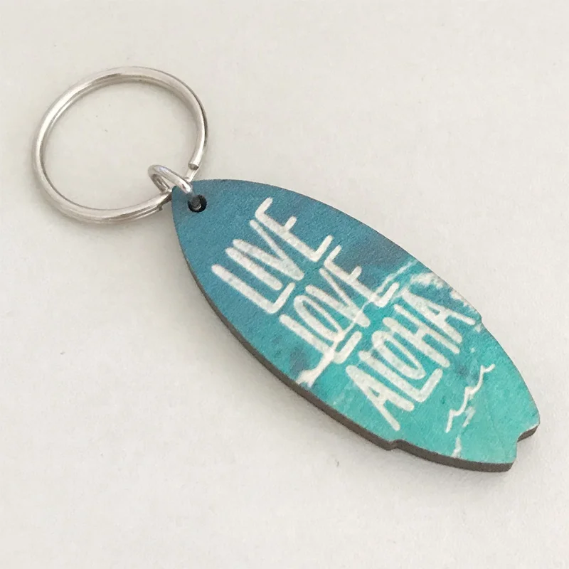 Hawai Laser Metal Ring Customized UV Printed Wood Keychain for Tourist Souvenirs