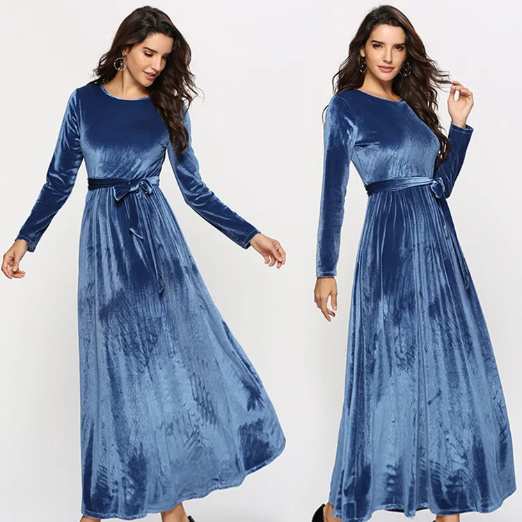 New Women Long Party Dress Plain O-neck Evening Velvet Dresses Maxi Ladies Evening Dress