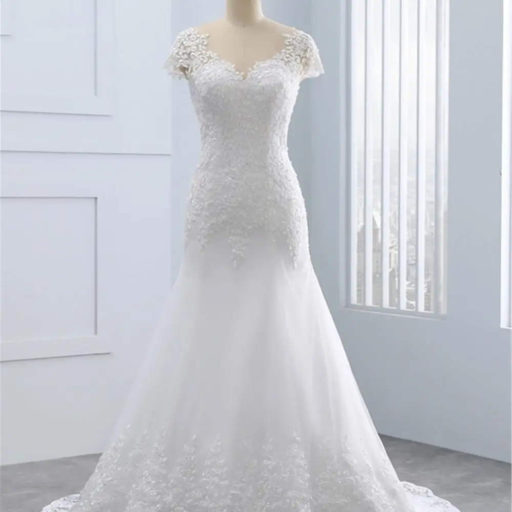 
ELWD0000026 Wedding Dresses sexy cap sleeve V neck lace appliqued elegent mermaid Bridal dress 