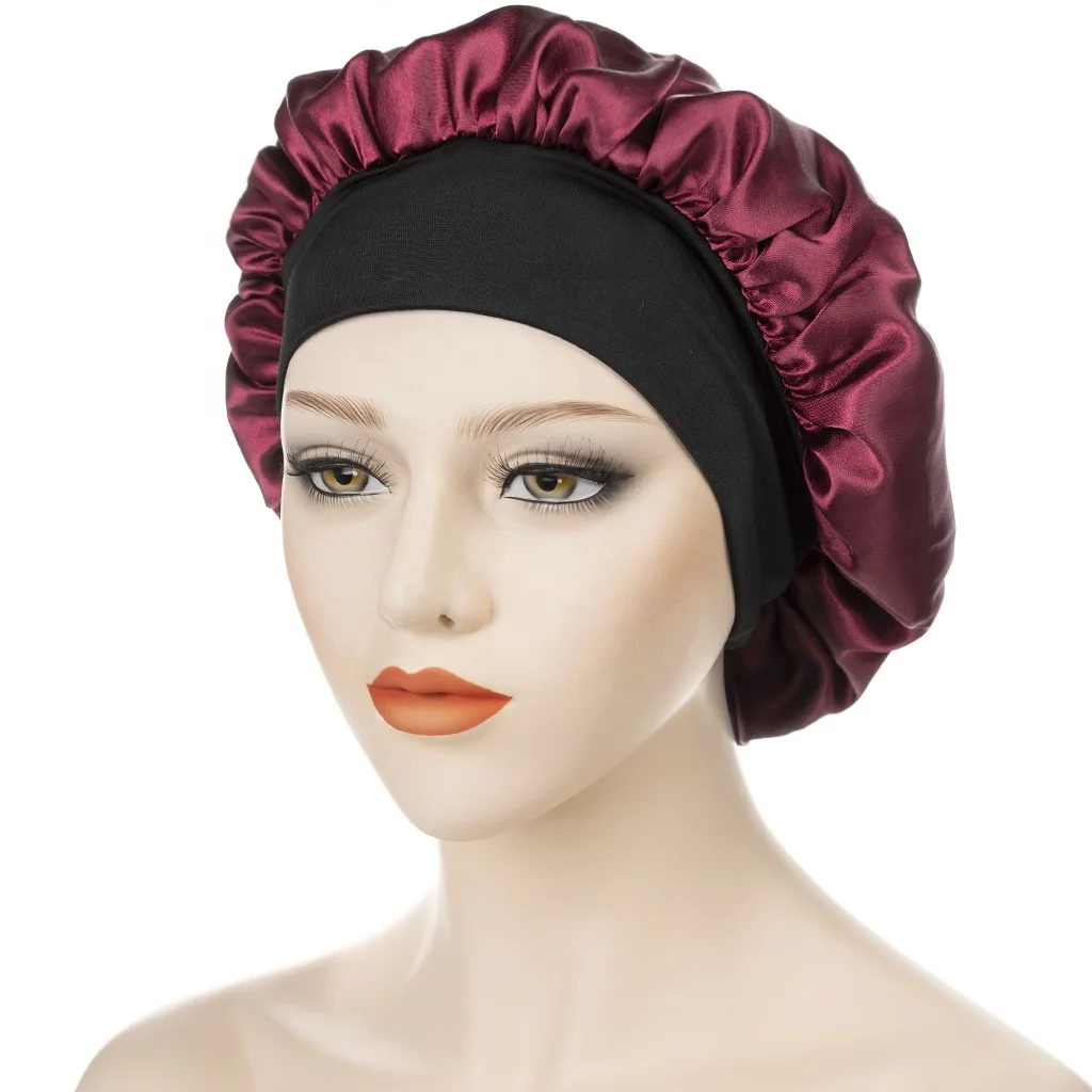 Wholesale Custom Two Tone Head Cover Adjustable Satin Cap Wide Elastic Band Night Sleeping Cap Satin Hair Bonnets For Sleeping