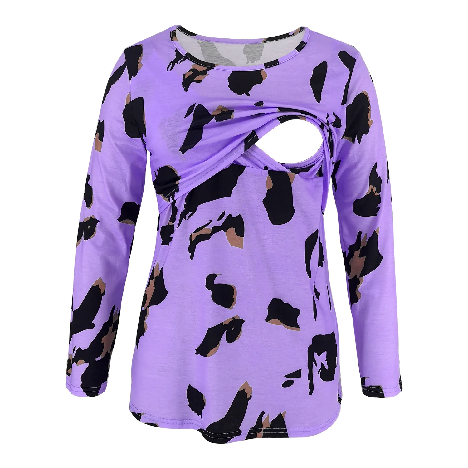 Womens round neck long Sleeve floral leopard print Layered Maternity clothes Breastfeeding tee shirt Nursing Tunic Tops
