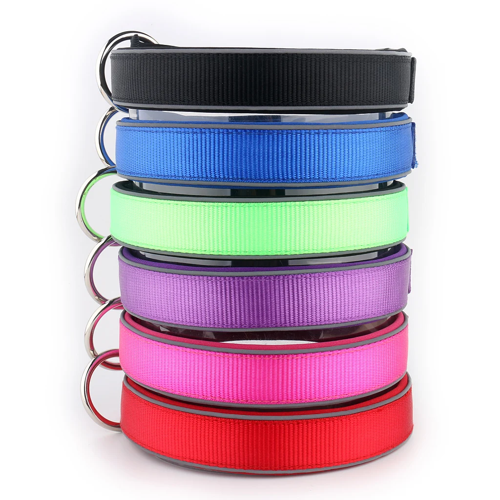 Factory price Nylon webbing Neoprene reflective padded Dog collar with Metal O ring