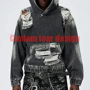 Custom Streetwear Hoodies For Men Distressed Sun Faded Drop Shoulder Vintage Washed Denim Tears Hoodie