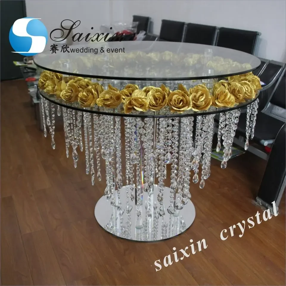 Factory Sale Wedding Luxury Cake Table Glass Centerpiece Mirror Hanging Crystal Wedding Cake Table