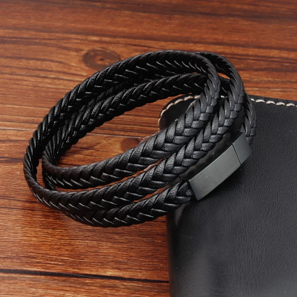 Magnet close  Braided leather 3 Layers  Genuine Leather   bracelet Wholesale