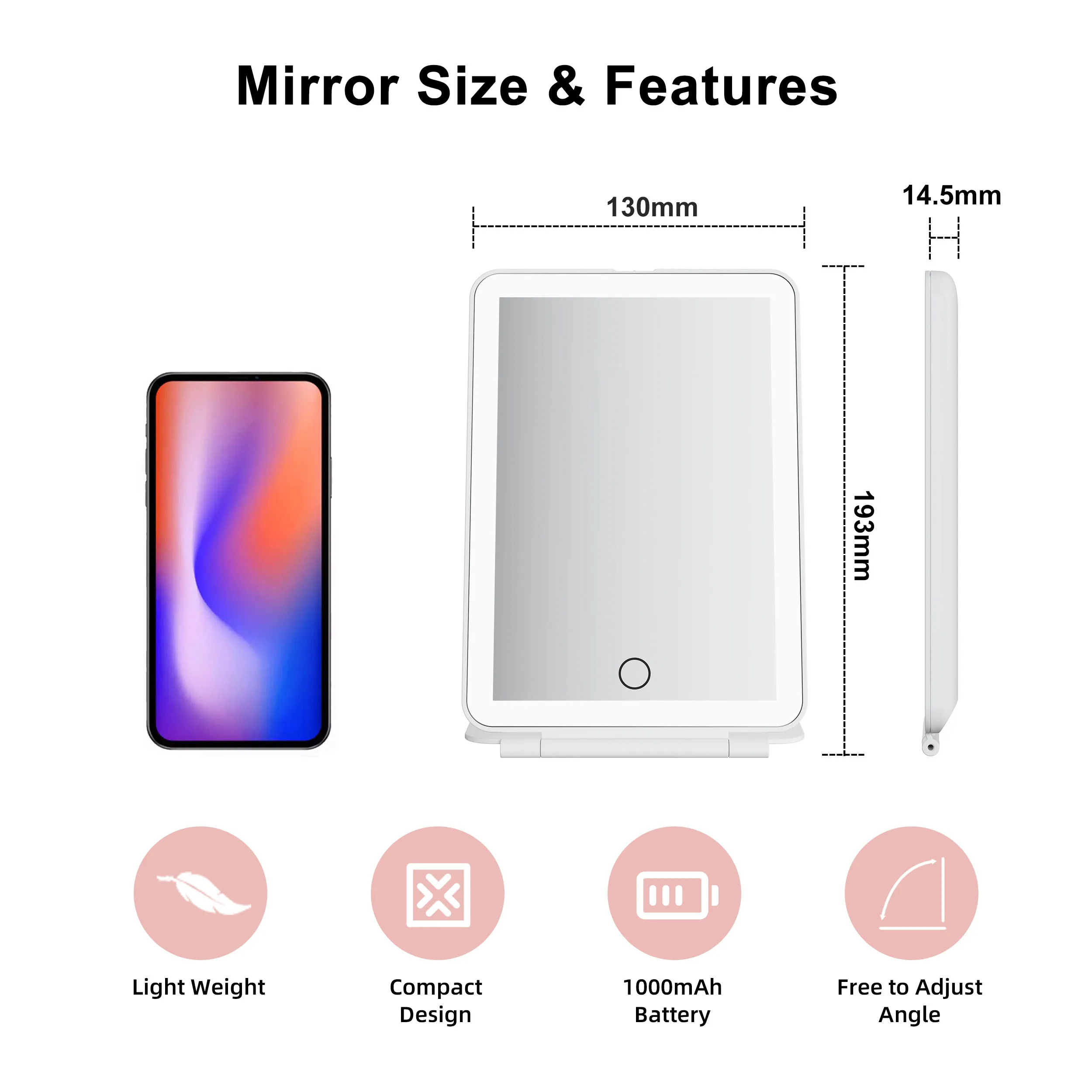 Type C Rechargeable Touch Screen Dimming Cosmetic Vanity Folding Portable Travel Makeup Mirror With Led Light Portable Mirror