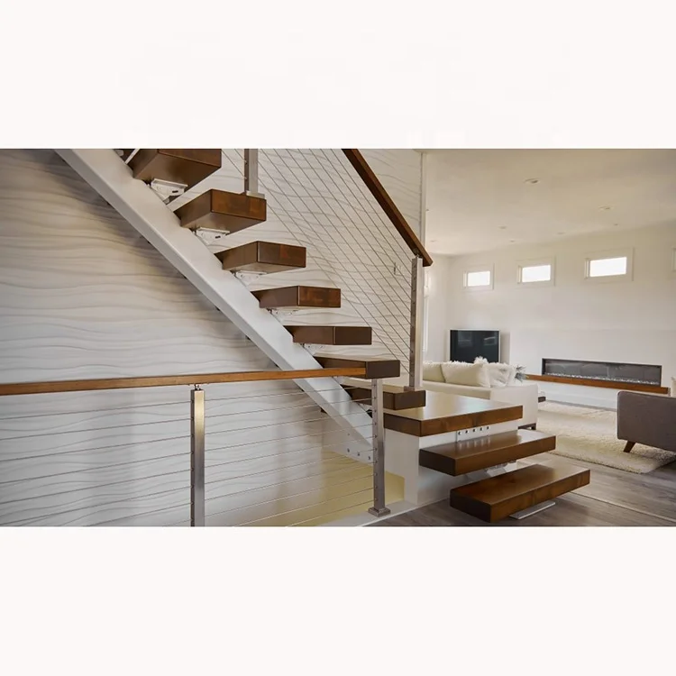 Modern Interior Staircase L/U Shape Tempered Glass With Wooden Steps Indoor Stairs