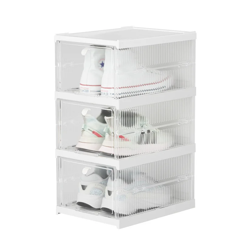 High Quality Plastic Foldable Shoe Storage Container Clear Stackable Drop Front Shoe Box