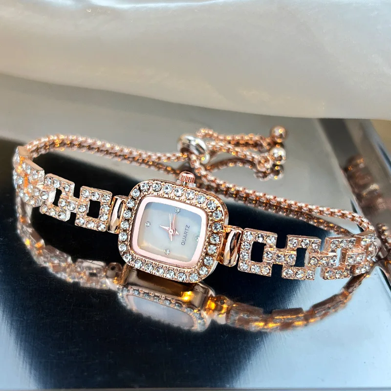New square bracelet pull-out watch free adjustment chain diamond set small ladies quartz watch exquisite watch charm jewelry