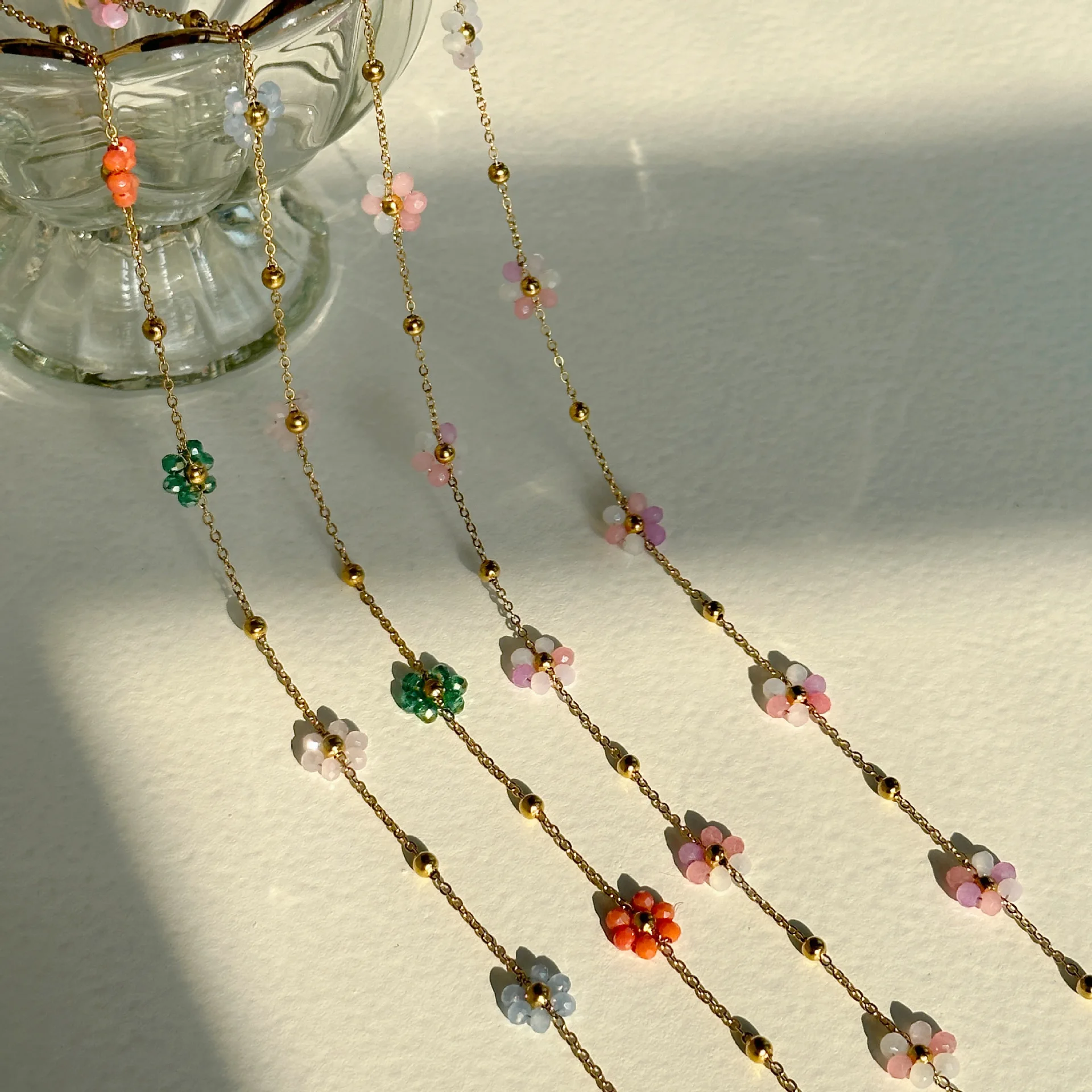 Stainless steel Colorful Pink Pearl Beaded Bracelet Necklace Daisy Flower Beads Anklet Body Belly Waist Chain Jewelry Set