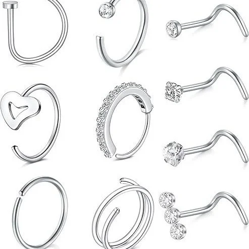Custom Titanium Steel L-Shaped Flower Combination Nose Stud Set Classic Curved Rod S Rod Inlaid Zircon Nose