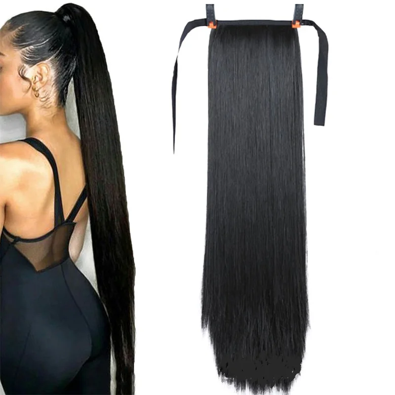 Cheap Hair Straight Extensions Wrap Around  Long Straight Ponytail Synthetic Hair Extensions