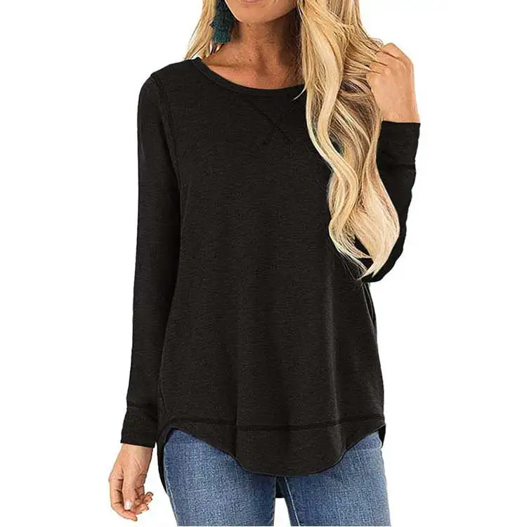 T-shirt Women In 2022 Korean Style Womens Loose Fit Long Sleeve Shirts Casual Loose Tunic V Neck Ladies Tops Side Split Tees