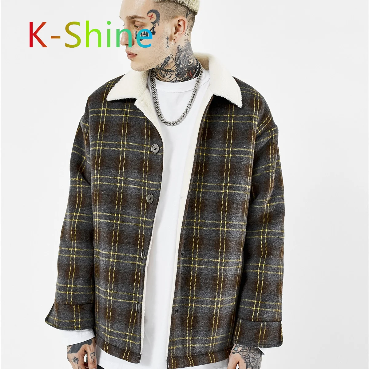 2021Fashion brand plaid pattern lambkin thick cotton jacket jacket long sleeves black and white plaid men autumn winte