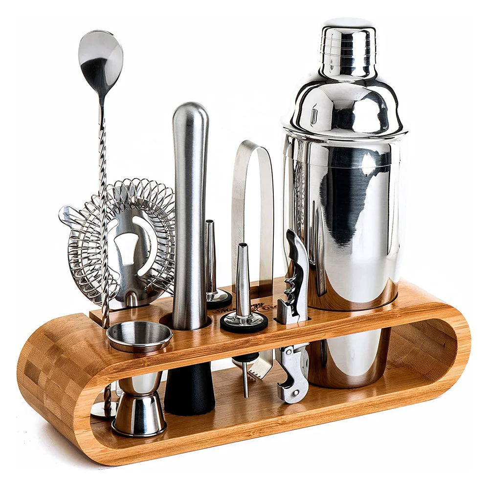 Wholesale Bartender Tool Accessories Wooden Stand Base Tumbler 12 Pcs Stainless Steel Bartender Kit Cocktail Shaker Set