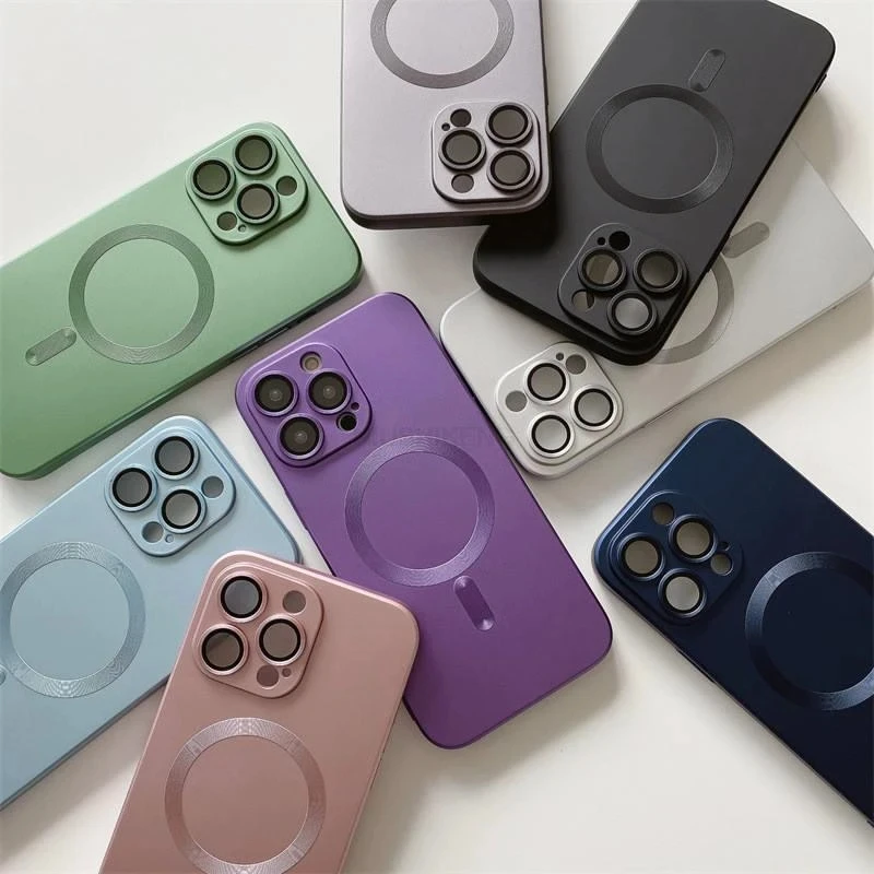 Ultra Thin Silicone Matte Magnetic Wireless Charging Case for iPhone 14 13 12 11 Pro Max With Glass Lens Protection Soft Cover