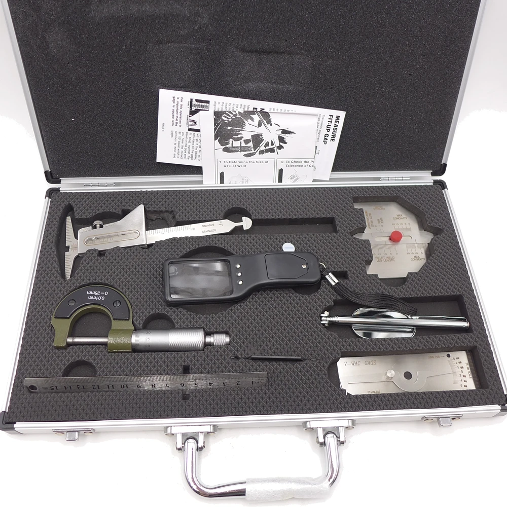 Stainless Steel Weld Measuring Tool Welding gauge kits 7 Piece welding Inspection Kit HI.LO V-WAC Ruler Micrometer Magnifier