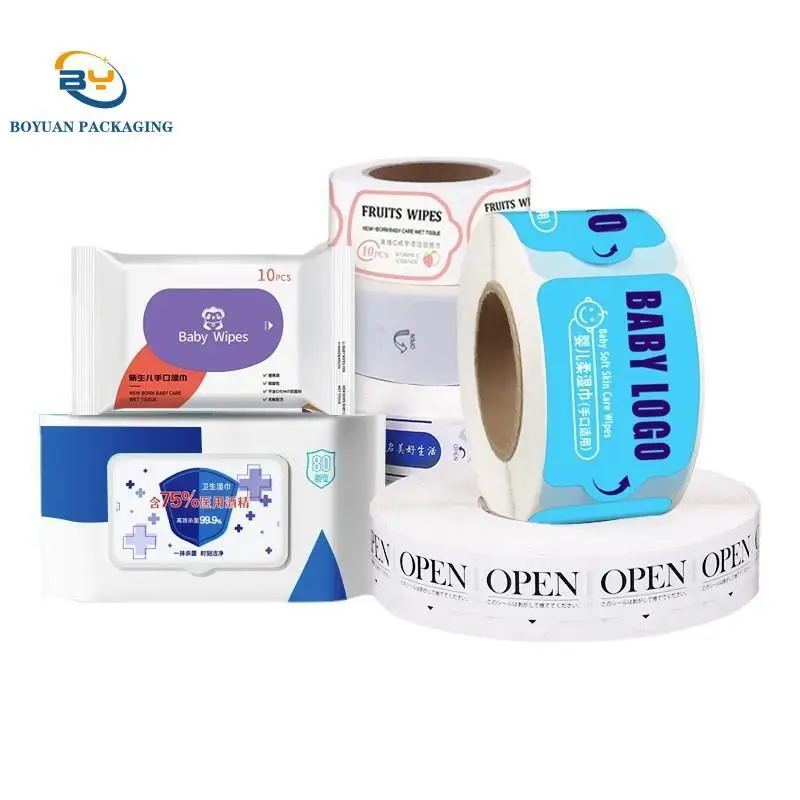 Waterproof Reusable 50*100mm PP Sealing Label Wet Tissues Reclosure Sticker and Napkins Paper Printed Wet Towel Labels