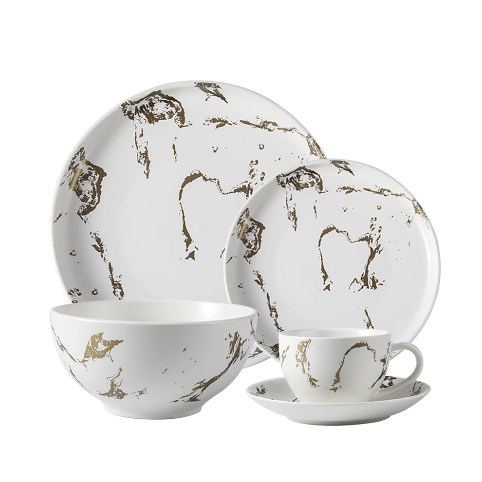 High Quality Luxury Gold And Marble White Ceramic Dinnerware Set Porcelain Kitchen Bowl Dishes For Restaurant Tableware