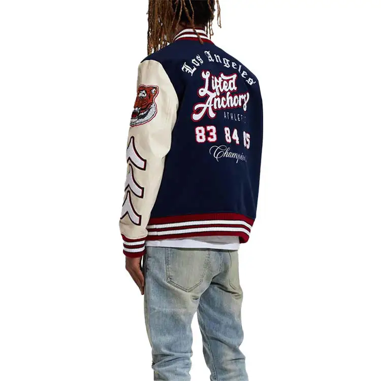 Куртка Giacca бейсбольная мужская с кожаными рукавами и вышивкой из хлопка, Черная