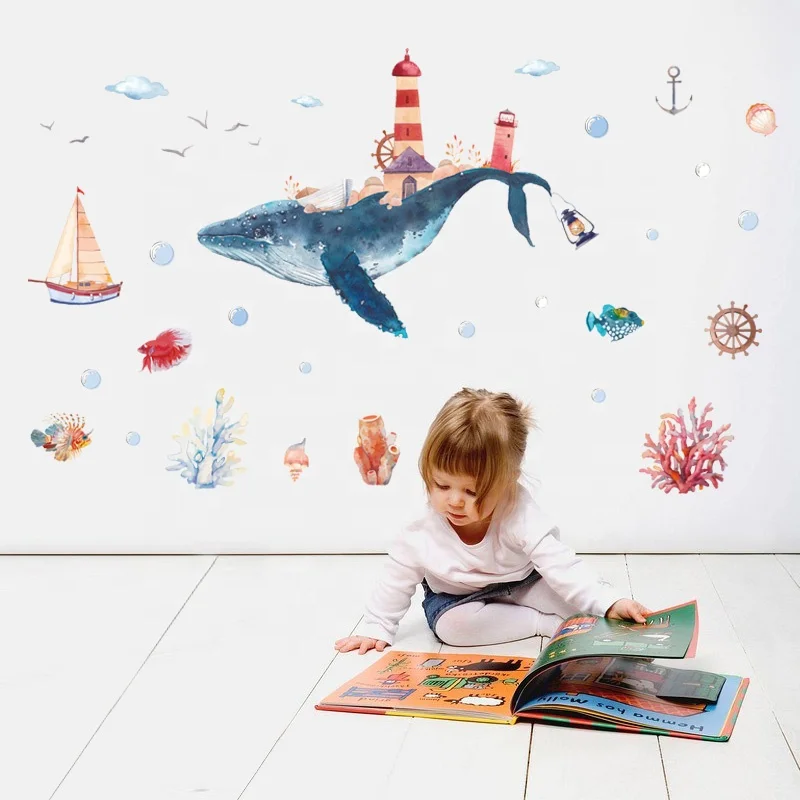
HM92020 Fairy Tale Childhodd Whale Wall Decal Cartoon Ocean Wall Stickers Kids Bedroom 