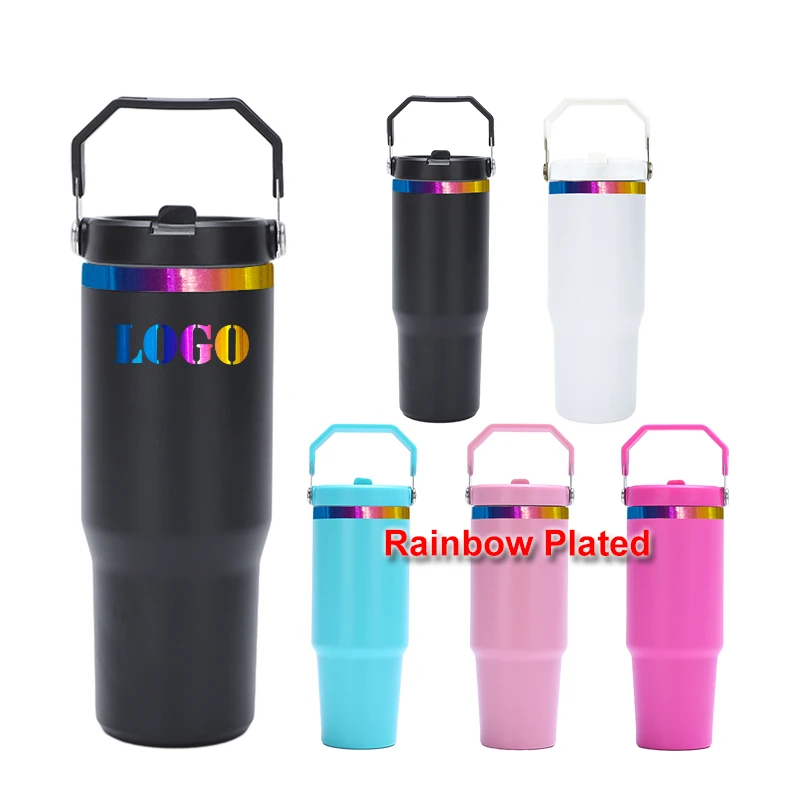 30oz 30 oz Rainbow/ Gold/ Copper Plated Base Laser Engrave Powder Coated Flip Straw Stainless Steel Tumbler Cup with Top Handle