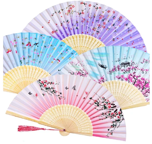 Handheld Floral Folding Fans Hand Held Fans Silk Women Hollowed Hand Foldable Bamboo Fans with Tassel
