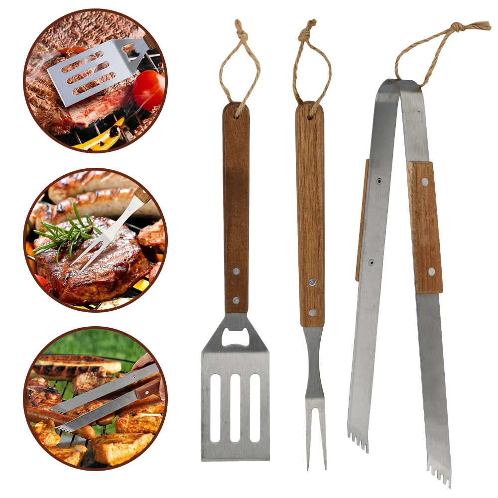 Churrasco Kit Barbecue Grill Utensil Tools Stainless Steel Spatula Fork Tongs 3Pcs BBQ Tool Set With Insulated Wooden Handle