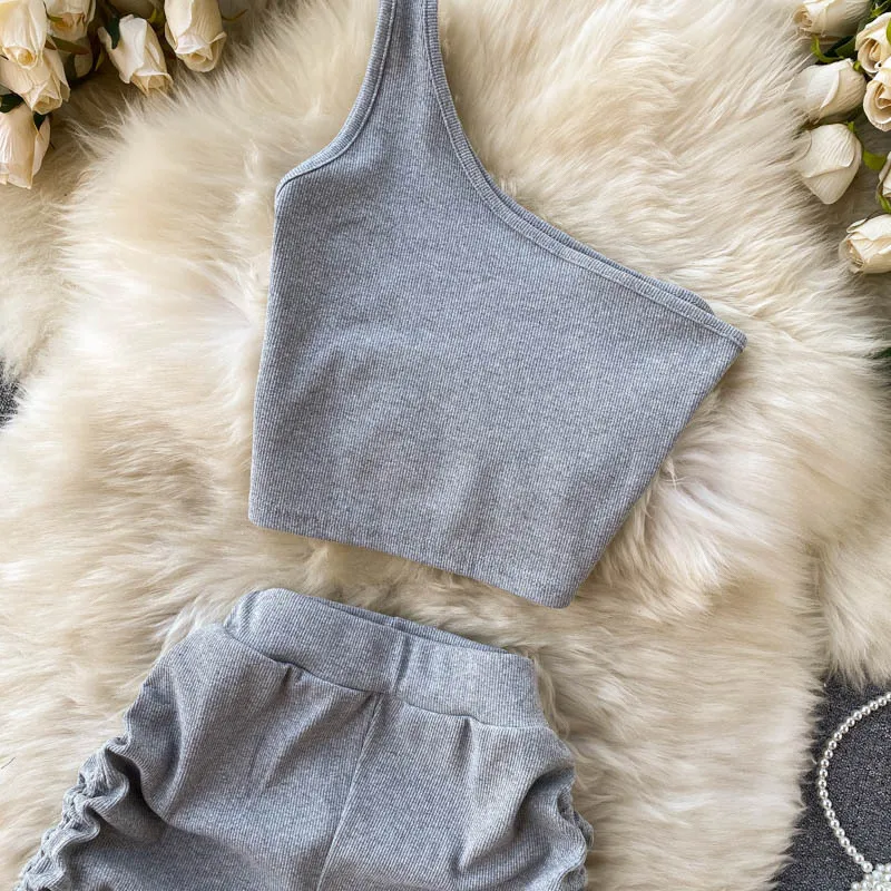 2021 Summer Children Clothes One Shoulder Diagonal Collar Short T Shirt Draw Rope Fold High Waist Wide Leg Short Girls Outfits