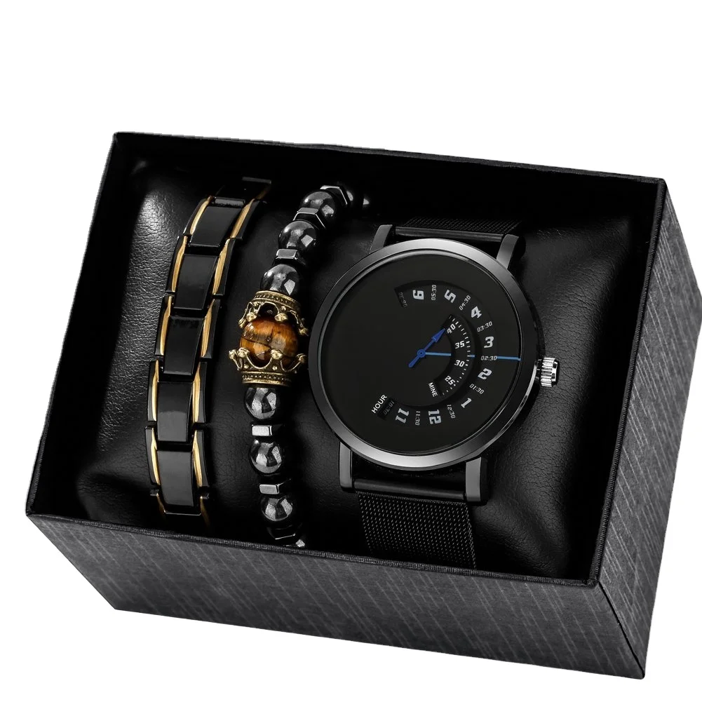 3PCS Men Watch with Bracelet Set Gifts for Male Fashion Turntable Quartz Wristwatches Stainless Steel Strap Watch