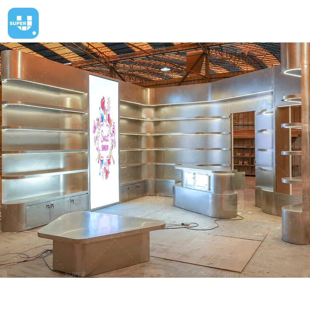 Durable Stainless Steel Snack Interior Decoration Sweets Store Furniture Customized Led Lighting Candy Shop Display Shelf