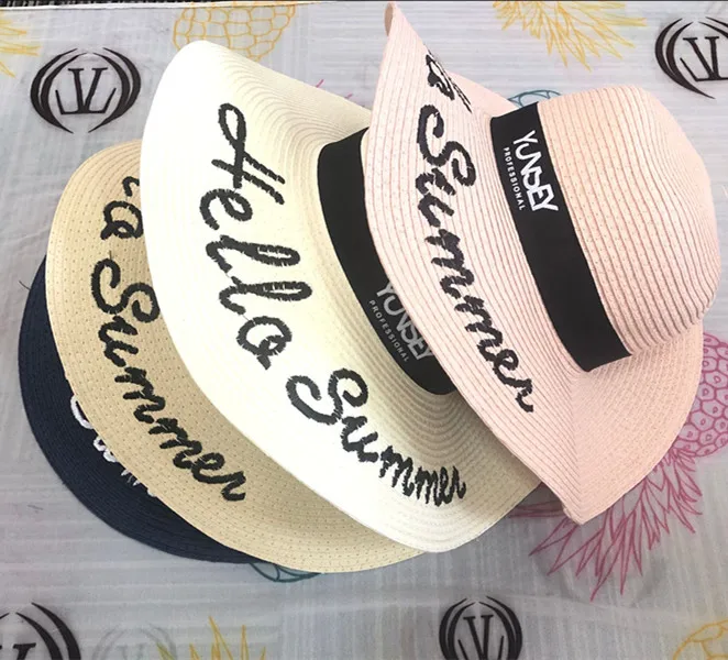 Custom embroidery logo print summer lady straw beach hat for Promotion gift