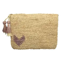 Small heart embroidery crocheted raffia clutch made with natural raffia straw tassles trimming