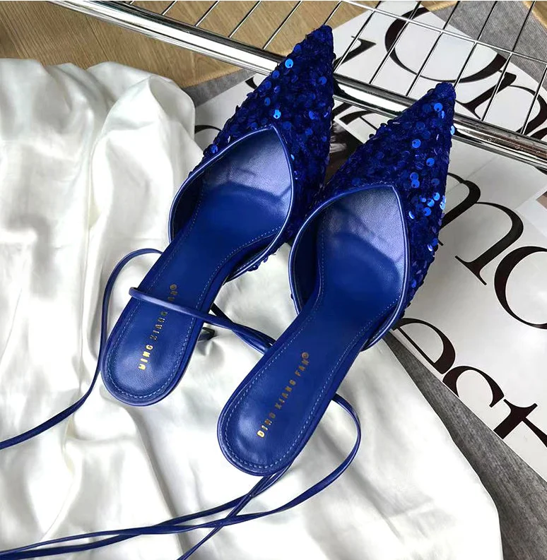 Pumps  Latest Design Sequins Cross Strappy Luxury Pointed Toe Wedding Bridal Shoes Lace up Navy Loyal Blue Heels for Women