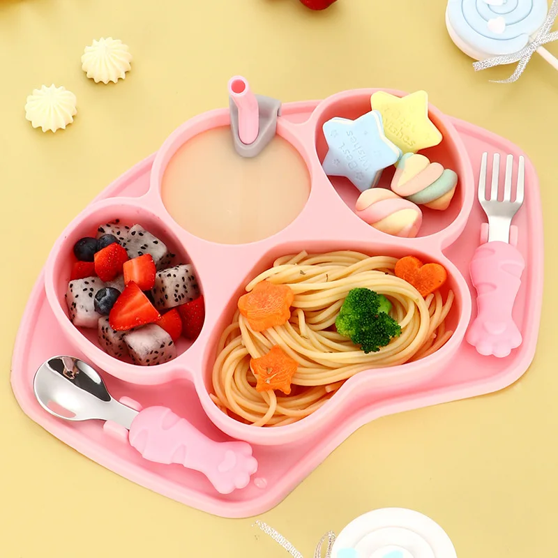 4 Piece Children Dinnerware Silicone Tableware Set Eco Friendly Kids Mealtime Set 100 Sets Color Box for Healthy Infant Feeding