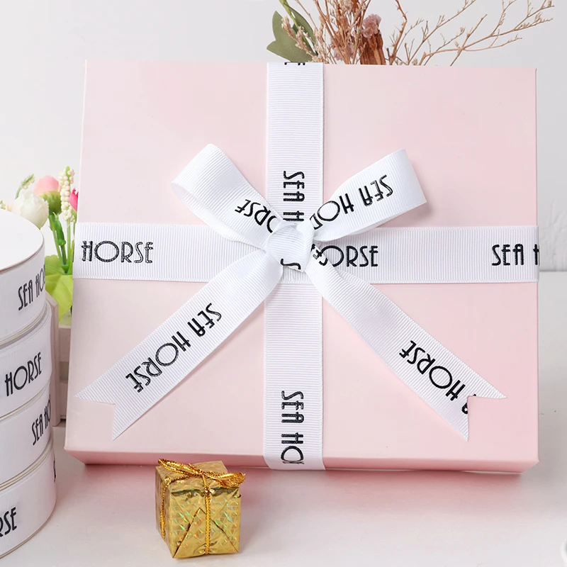 Elegant 2.5 cm 1 inch Pure White Color Ribbon with Black Swatch Silk Single Printing Logo Ribbon