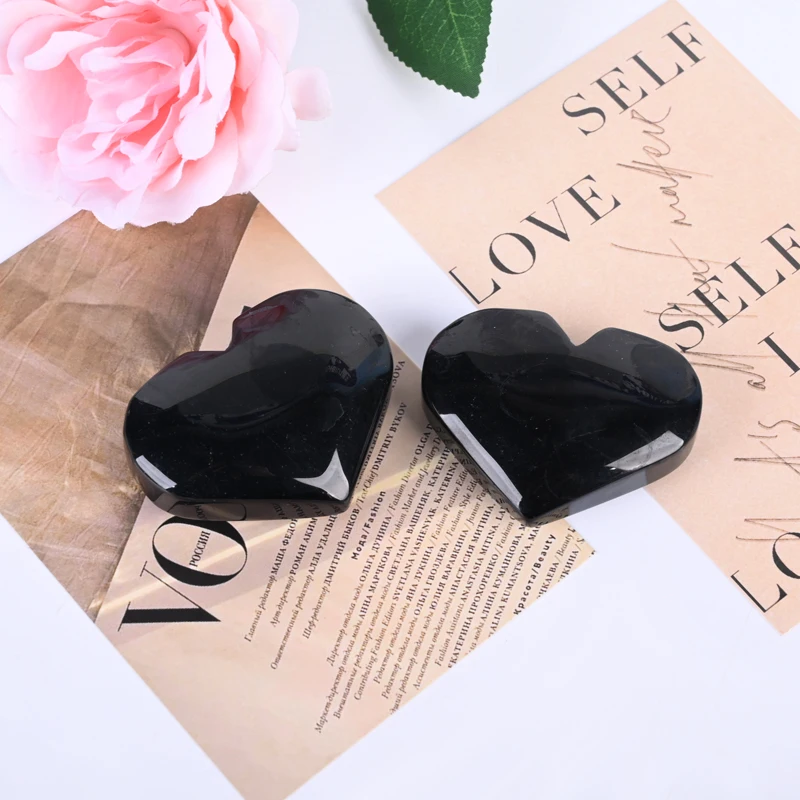 Hand Polished Healing Flashy Black Obsidian Heart Natural Crystal Gemstone Carved Heart for Decoration