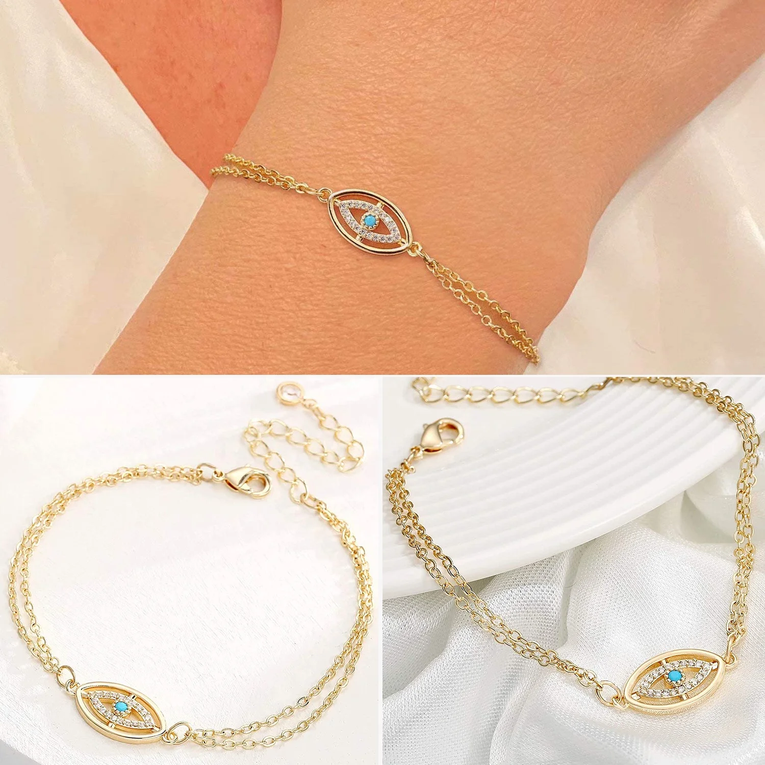 Drop shipping Wholesale Stainless Steel Jewelry Double Chain Custom Gold Plated Blue Evil Eye Charm Bracelet 18K