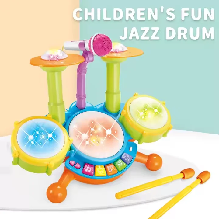 Multi-functional Toddler Kids Jazz Drum Toy Plastic Musical Instrument Electronic Organ Drum Set Music Toy With Microphone Light