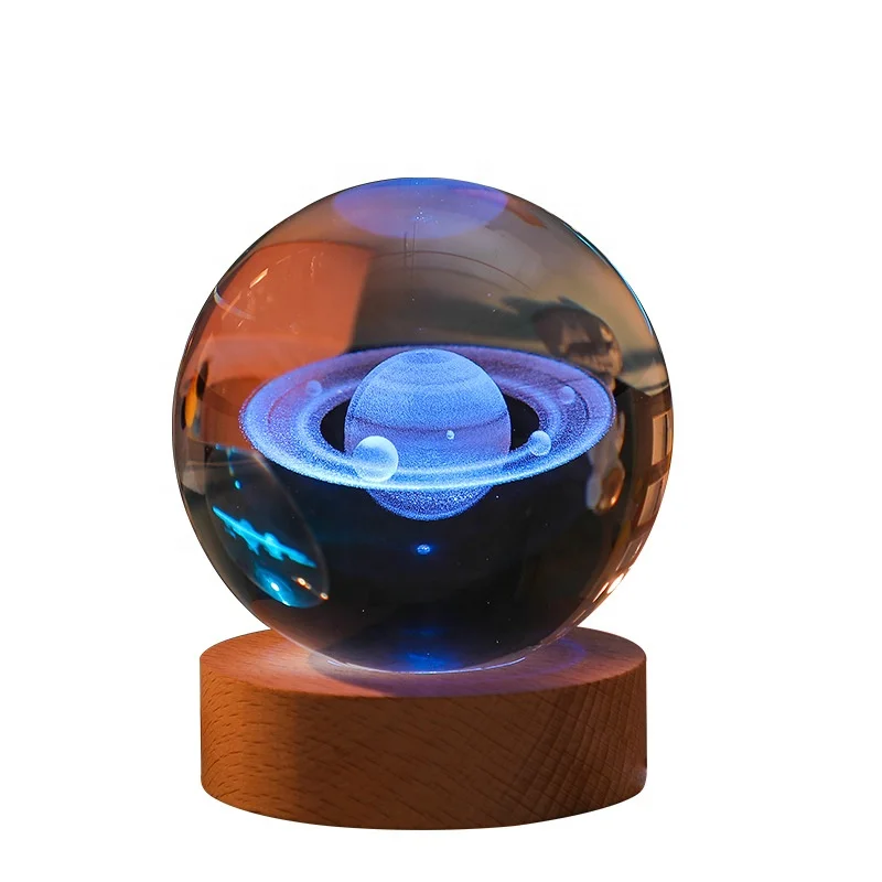 Laser Engraved Paperweight 3D Glass Image 7colors Gifts Sculpture Souvenir Home Decor Moon wood Stand Crystal Ball Led lamp