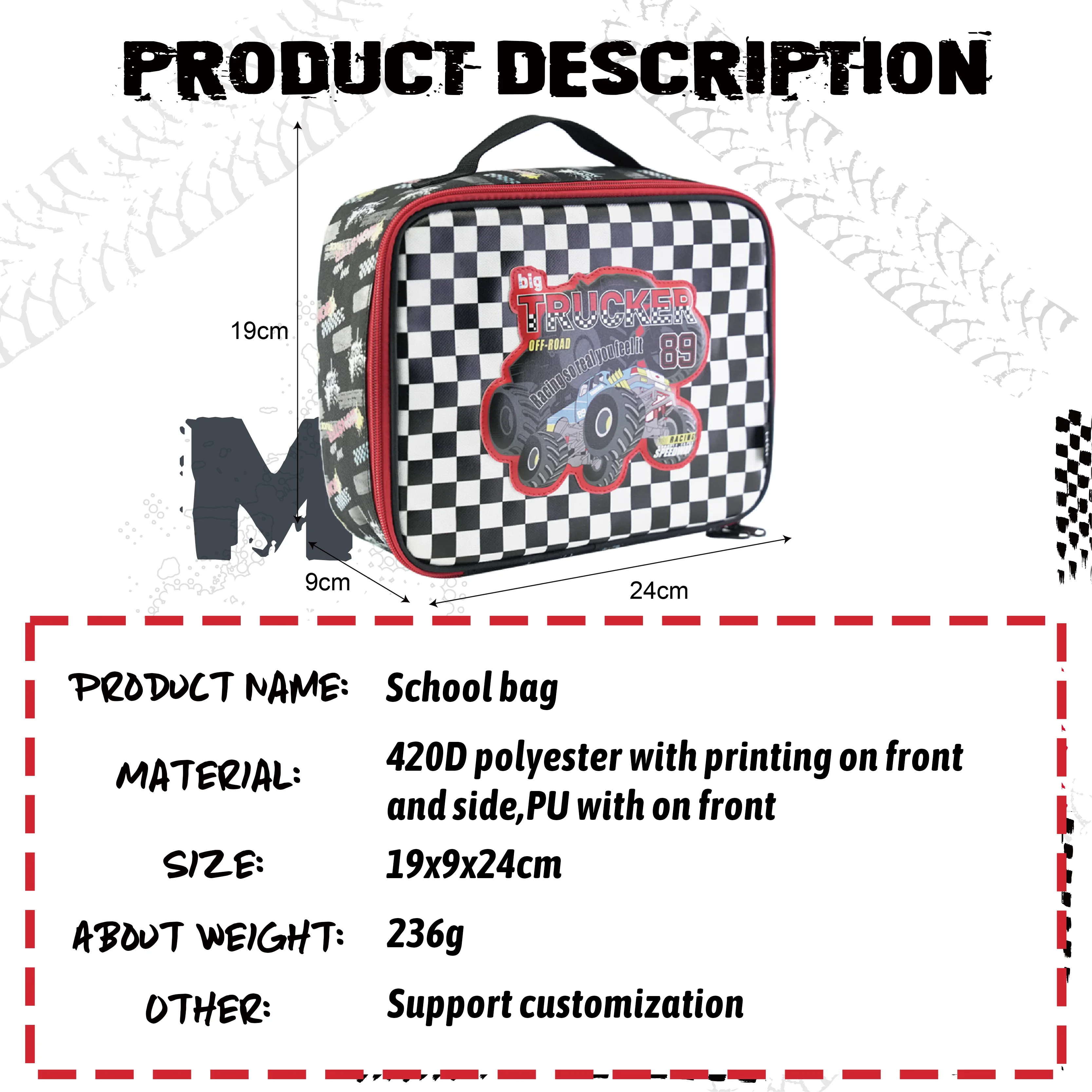 HSI Monster Truck Series Cute Cartoon Car Insulation Bag Tartan Portable Lunch Cooler Bag Students Thermal Bento Meals Food Bag