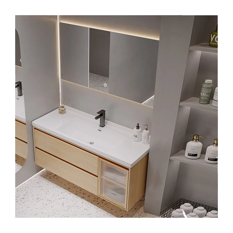 Modern Natural Wood Color Ceramic Integrated Basin Glass Door Factory Direct Sales Smart Bathroom Washbasin Cabinet Combination