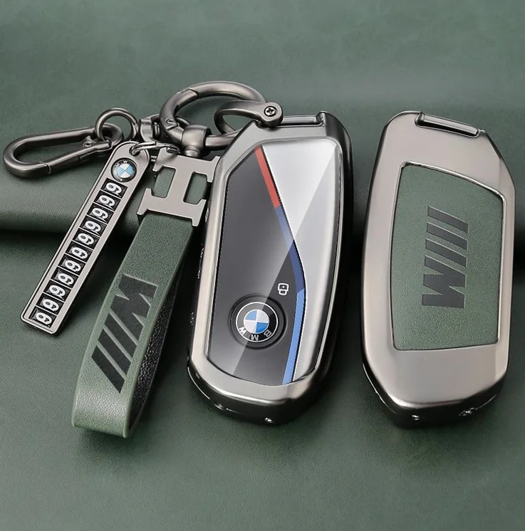 Wholesale luxury metal zinc alloy leather car key holder cover fob for BMW