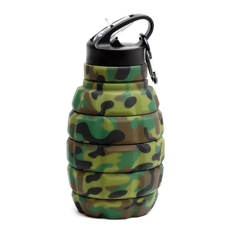 AIHPO6 Portable Collapsible Travel Sports Grenada Shape Reusable BPA Free Silicone Foldable Water Bottles for Gym Camping Hiking