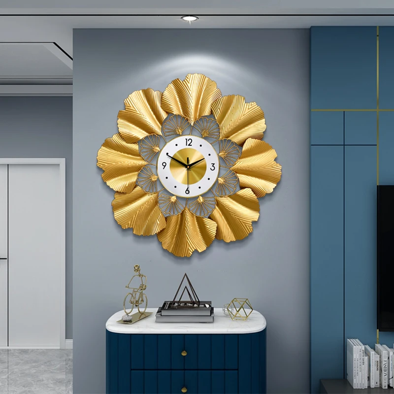 JJT Luxury Flower Shape Wall Art For Home Decoration Gold Metal Wall Clock Decor Wholesale WM353