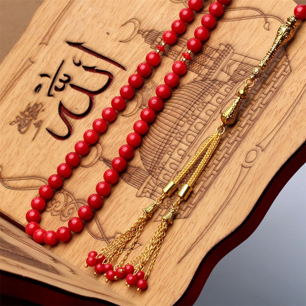 Factory Sale Pure Natural Round Shape Red Coral Stone 99 Beads Muslim Prayer Beads Islamic Tasbih Misbaha Sibha Rosary