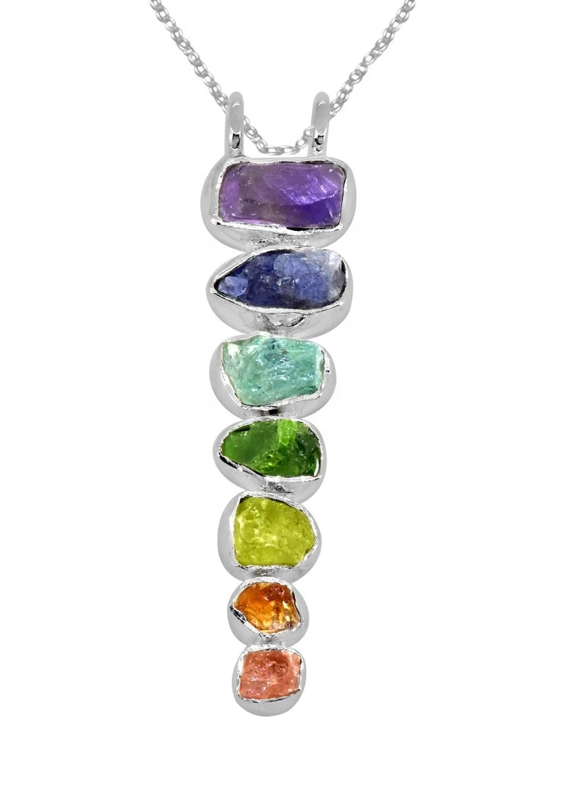7 Chakras Stone Healing Handmade Pendant Necklace Jewelry with Real Raw Gemstones, Solid 925 Sterling Silver Chain for Women